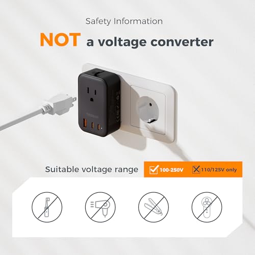 Image of TESSAN International Power Adapter PD 20W, Ultra Thin Universal Adapter, Worldwide Outlet Plug with 2 USB C 1 USB A for US to Europe UK Spain Australia France Germany Thailand (Type C G A I), Black