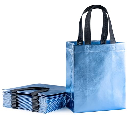 WRAPAHOLIC 12 Pack Reusable Baby Blue Gift Bag with Handles - Medium Size 8 x 4 x 10 inch - Perfect for Baby Gift Bags, Shopping Bag, Goodie Bags, Party Favor Bags