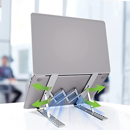 Image of Atevon Foldable Aluminum Laptop Stand - 6-Level Adjustable Riser for 10-15.6 MacBook, Notebooks & Tablets | Portable Holder for Desk, Office, Reading (Silver)