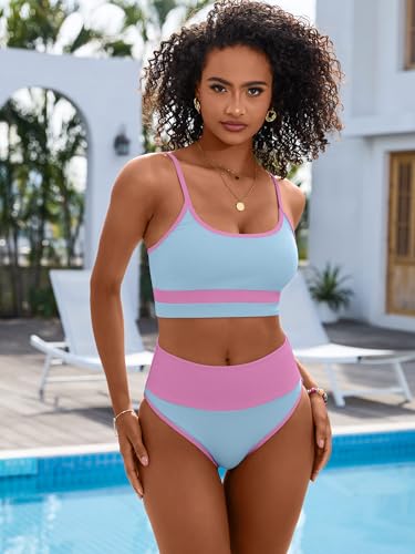 Image of ANRABESS Women's High Waisted Bikini Sets,Color Block 2 Piece Swimsuits,Tummy Control Bathing Suits,Thick Ribbed Beach Wear