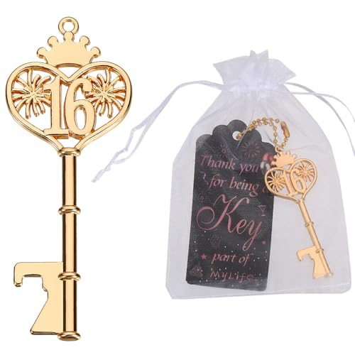 Golden 16th Birthday Favors Key Bottle Opener for Guests with Organza Bags and Tags 16th Beer Keychain Bottle Openers for Birthday Party Decoration Supplies (Black and pink-16)