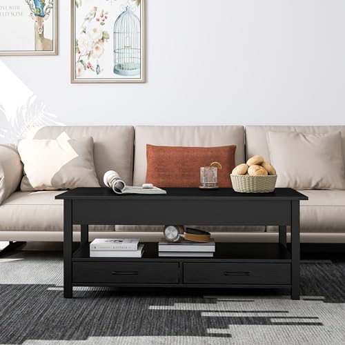Panana Lift Up Top Coffee Table Wooden Coffee Table with Hidden Compartment, 2 Drawers & 1 Open Shelf, Lift-Top Sofa End Tea Tables For Living Room (Black) - Image 5