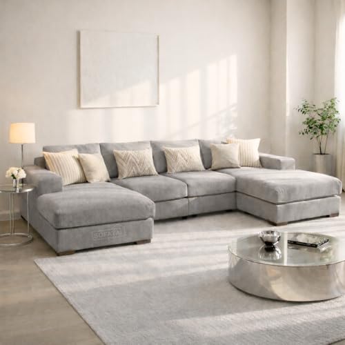 Sofaya Linen U-Shaped Full-Back Sectional Chaise Sofa, 4-5 Seater, Grey Linen