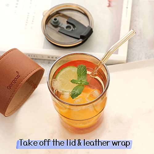 Image of Kamvy Reusable Glass Tumbler with Lid & Straw Pack of 1, 400ml Multipurpose Drinking Glasses Coffee Mug Sipper with Leather Grip for Juice Smoothies Iced Tea Indoor & Outdoor Cup (Amber)