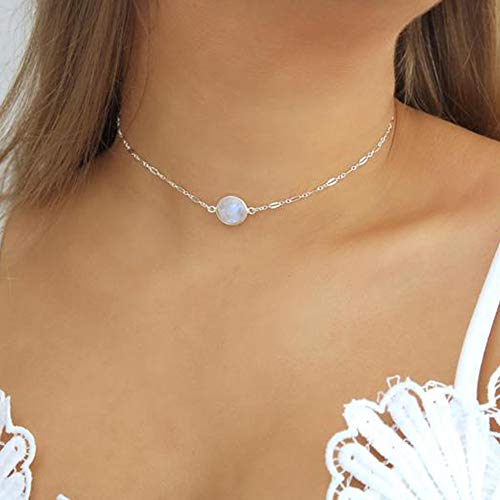 Turandoss Delicate Moonstone Necklace For Women - 14K White Gold Dainty Stone Boho Choker Simple Rainbow Moonstone Gemstone Choker Necklaces For Women #TOP5