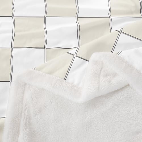 Image of Erosebridal Plaid Fleece Blanket Queen 90 inchx90 inch Beige White Checkerboard Sherpa Blanket Geometric Checkered Fuzzy Plush Throw for Kids Boys Girls,Aesthetic Grids Decor for Bed Couch