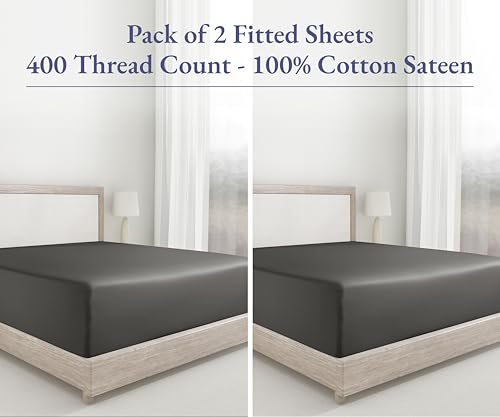 California Design Den 2-Pack Twin XL Fitted Sheets Only - Soft 400 Thread Count Sateen, Natural 100% Cotton Twin XL Sheets Fitted, Deep Pockets with No-Pop Off Elastic, Cool and Durable - Grey