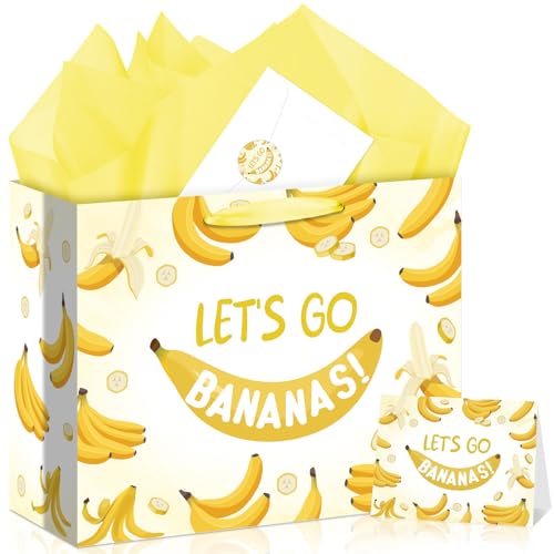 Funny Bananas Gift Bag Banana Birthday Bag with Wrapping Paper Card Sticker Envelope Novelty Bananas Party Favors Decorations Gifts Presents for Banana Lovers Fruit Theme Baby Shower Birthday