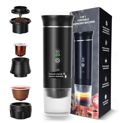 Máquina de Café Portátil 3 em 1, Cafeteira Expresso Portátil Elétrico com Bateria 2500mAh, Display Digital, Compatível com Cápsulas e Pó, 72W, 150ml, Preto