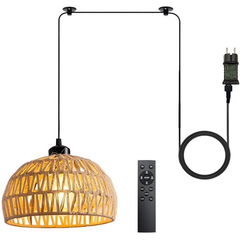 Xevinas Hängelampe Mit Stecker Rattan Lampenschirm Boho Lampe Dimmbare Pendelleuchte Mit Fernbedienung 4 Lichtmodi E27 Lampe Hängend Für Schlafzimmer Wohnzimmer Balkon Garten 5m Kabel (B)
