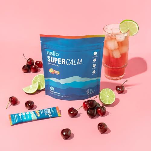 Image of Nello Supercalm Powdered Drink Mix, Cortisol Reducer* and Sleep Aid Supplement, L Theanine, Ksm-66 Ashwagandha, Magnesium Glycinate, Vitamin D 3, No Sugar, Non GMO, On The Go, 20 Ct, Cherry Limeade