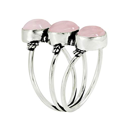 925 Silver Plated Natural Rose Quartz Three Stones Large Ring Size 7.5 for Women - Pink Gemstone January Birthstone Triple Band Style Bohemian Handmade Ring - Gifts for Mom Wife Sister by 925 Silver Plated - Used condition - Image 3