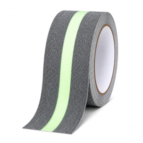 Image of Non Slip Safety Tape with Glow in The Dark, 2 Inch x 16.4 FT Anti Slip Stair Grip Tape, Centre Glow Strip, Heavy Duty Waterproof Non Skid Traction Tape for Stairs, Steps, Ramps & Outdoor Use