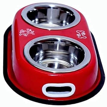 SSM PET MART Stainless Steel Double Diner Dog and Cat Food Bowls with Anti Slip Mat (Color Red, 2x900 ml) 11
