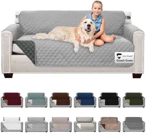 Sofa Shield Couch Cover for Dog and Pets, Couvre Protector for Sofas, Reversible Stain Resistant Housse Canapé, Quilted Microfiber 178 cm 3 Seat, Patented Slipcover with Strap, Light Gray Charcoal