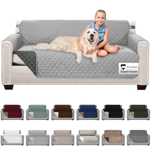 Sofa Shield Couch Slip Covers for Dogs Reversible Furniture Protector with Strap Stain and Tear Resistant Cushion Cover 70 inch Seat Machine Washable Slipcover Pets Cats Light Gray Charcoal