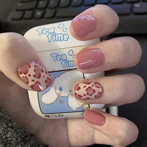 IMSOHOT Glossy Square Press on Nails Short Squoval Pink Leopard Print False Nails Cute Fake Nails with Glue for Women and Girls DIY Nail Art Salon