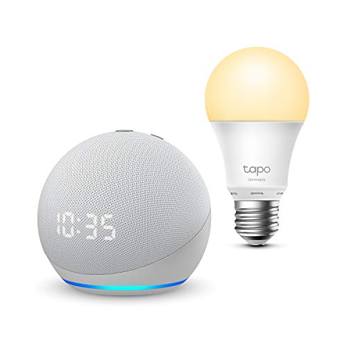 Echo Dot (4. generacin) con reloj, Blanco + TP-Link Tapo Bombilla Inteligente (E27), compatible con Alexa