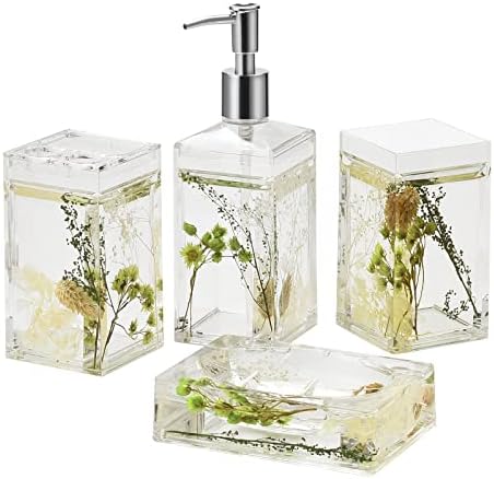 Locco Decor 4 Piece Acrylic Liquid 3D Floating Motion Bathroom Vanity Accessory Set Green Plants