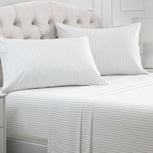 Mellanni Queen Sheets Set - 4 PC Iconic Collection Bedding - Hotel Luxury, Extra Soft, Cooling Bed Sheets - Wrinkle, Fade, Stain Resistant (Queen, Pinstripe Gray)
