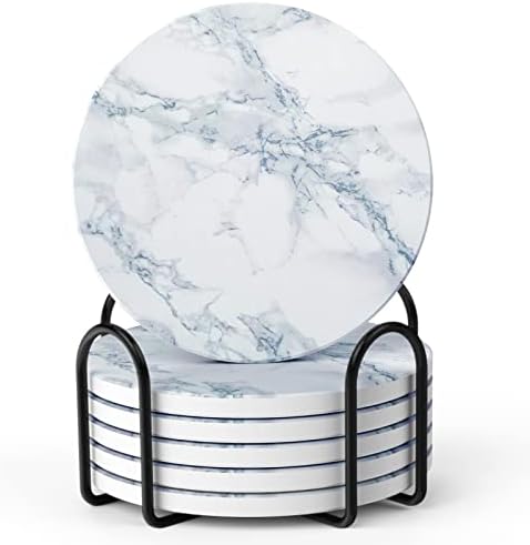 LIFVER Coasters - Coasters Set of 6 - Marble Coasters Ceramic - Coasters with Holder and Cork Base, for Women Men for Various Cups, Tables & Home Decor, 4 ''