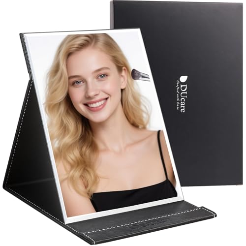 DUcare Folding Mirror Portable Travel PU Portable Adjustable Rectangular Ultrathin Vanity Mirror with Stand Black