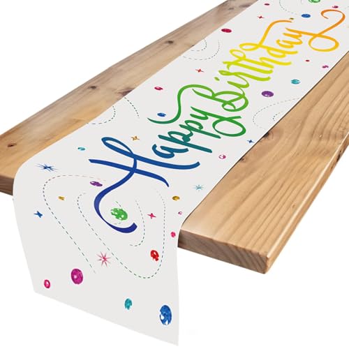 Camino de mesa de cumpleaños – Colorido mantel Happy Birthday – Decoración de Buen Cumpleaños Camino de mesa adecuado para niños cumpleaños fiesta decoración de niños y niñas (blanco)