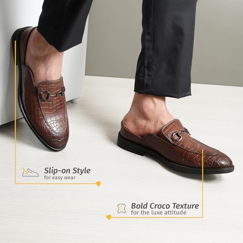 Image of YOHO Lofos Mules for Men | Open Back Cut Comfortable Loafers | Stylish, Flexible Slip-On Formal Shoes with Footpharma Footbed