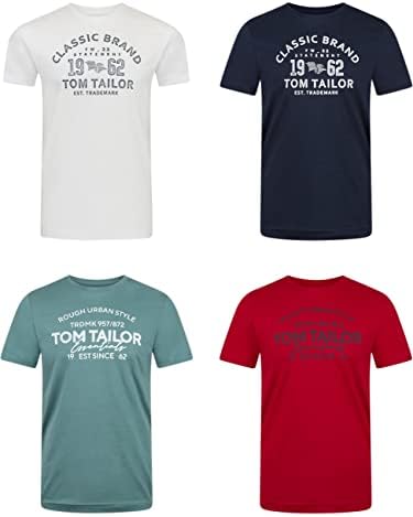 TOM TAILOR Tshirt Herren Baumwolle Regular Fit 4er Pack Set | Rundhals Kurzarm Sommer Tee Shirt Logoprint 100% Baumwolle Schwarz Weiß Grün Rot Blau Grau Orange S M L XL XXL 3XL