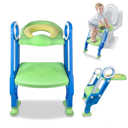 TWOLIIN Toilettensitz Kinder mit Treppe, Verstellbarer Toilettentrainer Lerntöpfchen mit PU-Sitzkissen und Griffe, Faltbar WC Sitz für Kleinkinder (Blau und Grün) TWOLIIN Toilettensitz Kinder mit Treppe, Verstellbarer Toilettentrainer Lerntöpfchen mit PU-Sitzkissen und Griffe, Faltbar WC Sitz für Kleinkinder (Blau und Grün)