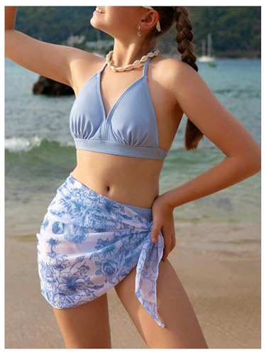 Verdusa Girl's 3 Piece Floral Halter Bikini Set Beach Bathing Suit with Cover Up Skirt2