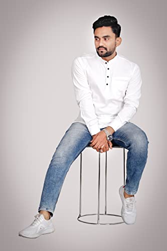 Image of Men's Cotton Regular Short Kurta | Casual & Ethnic Wear with Long Sleeve