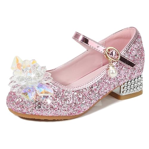 Girls High Heels Glitter Mary Jane Shoes with Flower Charm | Glitter finish flower jewel pearl strap and low heel bring a festive look to parties and recitals Pink Size 9 - image 4