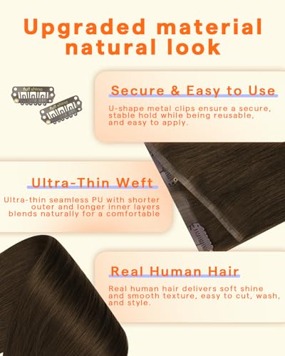 Image of Full Shine Brown Human Hair Clip in Extensions, Medium Brown | Seamless Clip in Hair Extensions, Invisible PU Weft Remy Human Hair for Women 18 Inch 120g 8Pcs