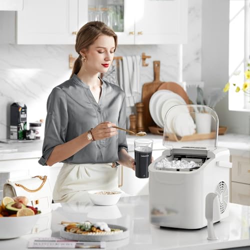 Image of Kismile Ice Makers Countertop,Portable Ice Maker Machine with Handle,26Lbs /24H,2 Ice Sizes(S /L),8 Bullet Ice Cubes in 6 Mins,Self-Cleaning Countertop Ice Maker for Home & Kitchen(White)