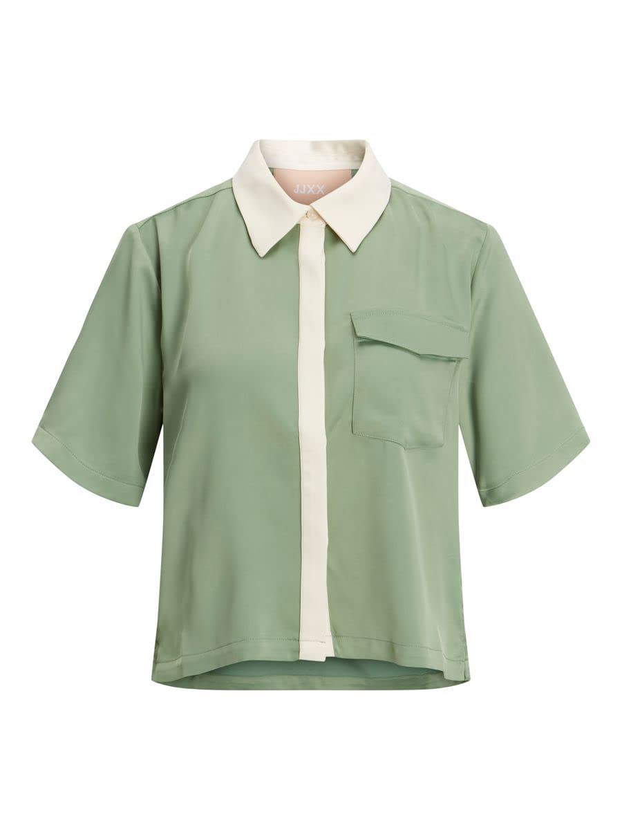 JJXX Women's Jxlark Satin SS Shirt Sn Shirt Blouse, Loden Frost/Detail:Contrast Placket, S