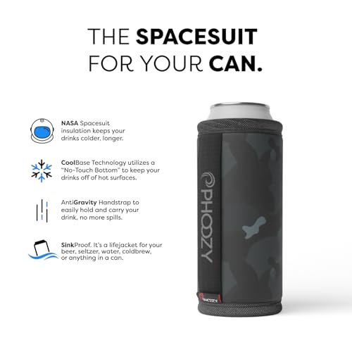 Image of PHOOZY Insulated Can Cooler for Slim 12 oz Cans - Patented Drink Sleeve with NASA-Inspired Technology - Keeps Beer, Soda & Sparkling Water Cold Longer - Lightweight Outdoor Can Holder - Black Camo