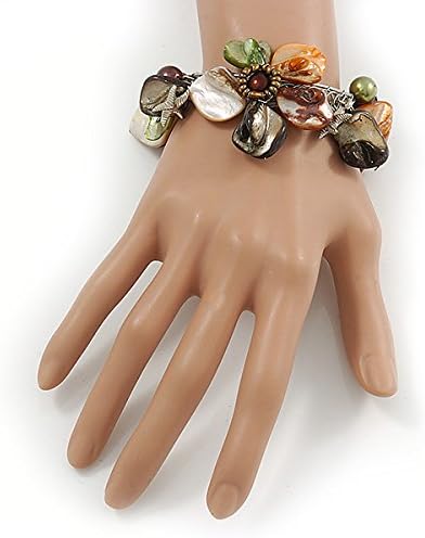 Avalaya Multi Sea Shell, Faux Pearl Bead Floral Cuff Bracelet In Silver Tone - Adjustable, brown, orange, olive - Image 3