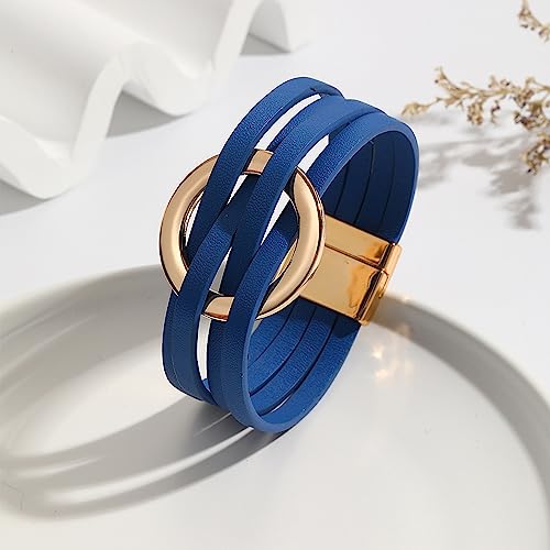 Long tiantian Blue Bracelets for Women Leather Cuff Bracelet for Women Circle Charm Bangle Bracelets Leather Wrap Bracelets Boho Bracelets Multilayer Stackable Bracelets Costume Jewelry for Women2