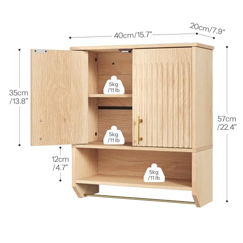 HOOBRO Fluted Bathroom Wall Cabinet, Farmhouse Medicine Cabinet with 2 Fluted Doors, Wall Storage Shelf with Towel Rack, Adjustable Shelf, for Small Spaces, Bathroom, Kitchen, Natural - Image 4