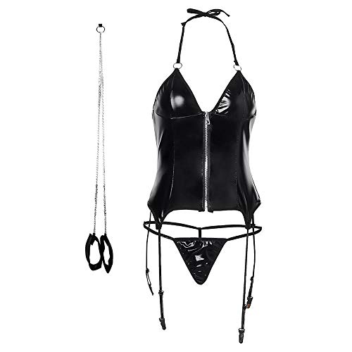 Soutien-gorge érotique licou et jarretière en cuir noir