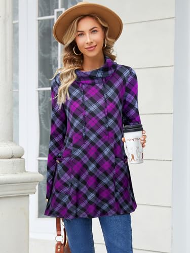 Bulotus Fall Sweaters for Women 2025 Cowl Neck Asymmetrical Long Tunics for Leggings Vacation Travel Tops with Pockets
