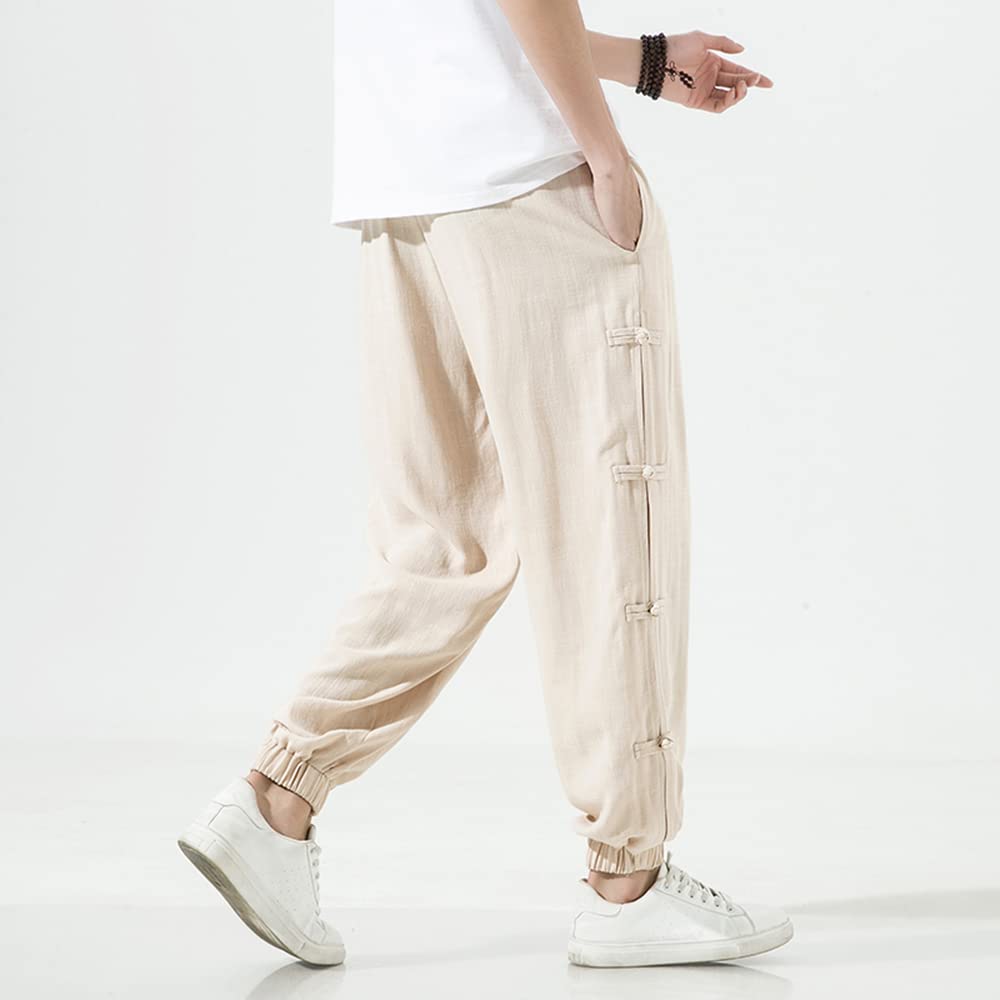 Seidarise Men's Harem Pants Hip hop Joggers Baggy Wide Leg Pants Casual Harem Linen Japanese Yoga White