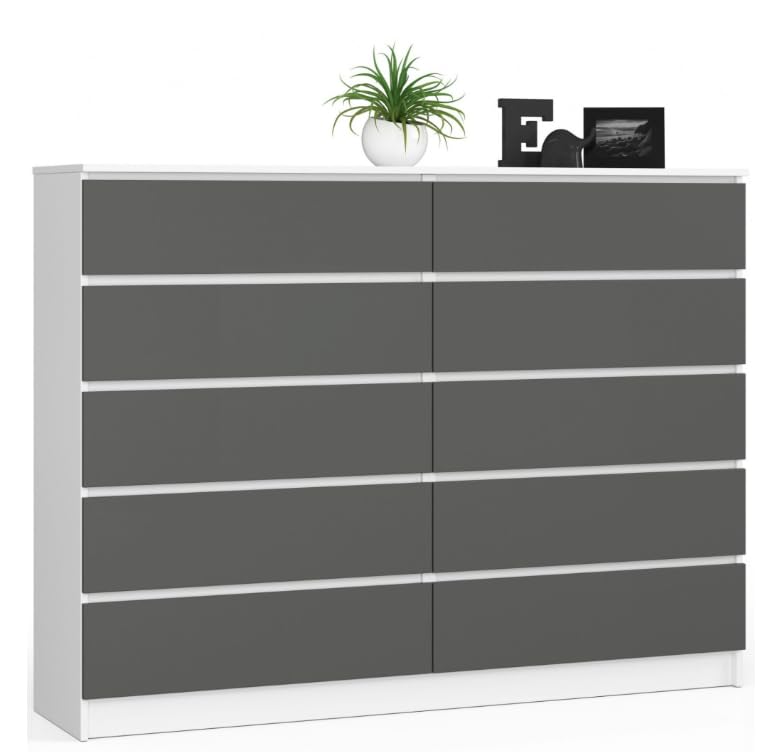 BDW: Cómoda con 10 cajones, cómoda K160, aparador, Muebles para salón, Dormitorio y recibidor, Armario de Oficina, Material Robusto y diseño Moderno - 160x40x121 cm, Blanco/Gris