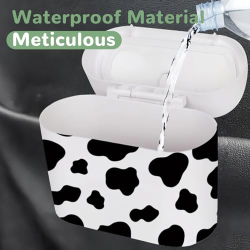 Image of CusDusk 2 PCS Cow Print Car Trash Can With Lid, Cattle Hanging Waterproof Garbage Organizer Holder with Two Black Trash Bag Rolls, Automotive Storage Container Dustbin for Most Vehicles