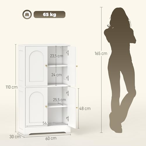 HOMCOM Bufet kuchenny, szafka do przechowywania, nowoczesna szafka na naczynia z 4 łukowymi drzwiami i 2 regulowanymi półkami, do jadalni, salonu, 60x30x110 cm, biały