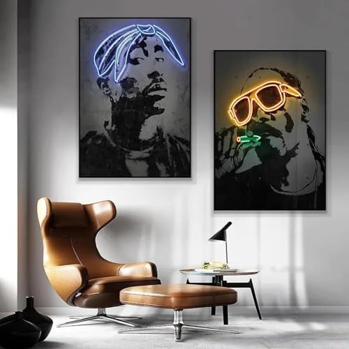RDRDtbtr Toile tableau murale effet néon avec rappeur peinture abstraite hip-hop chanteur affiches image pour salon bar Decoration de la maison 50 x 70 cm...