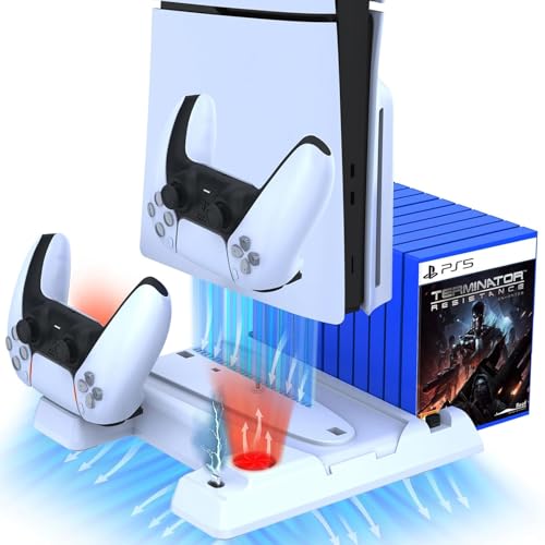 Image of New World Cooling Stand for PS5 / PS5 Slim,Dual Controller Charging Stand Charging Dock Vertical Stand for PS5 Slim / PS5 Fat for Playstation5 Digital /Disc Edition with 11pcs Game Rack Organizer