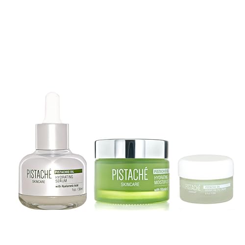 Pistaché Skincare Pistachio Oil Ultimate Face Trio Set | Suero facial de ácido hialurónico, crema de ojos e hidratante facial | Cuidado de la piel