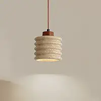 Luminária pendente moderna de travertino, lâmpada suspensa de pedra amarela natural com tampo de madeira maciça e cabo ajustável para ilha de cozinha, luminária de pedra pequena